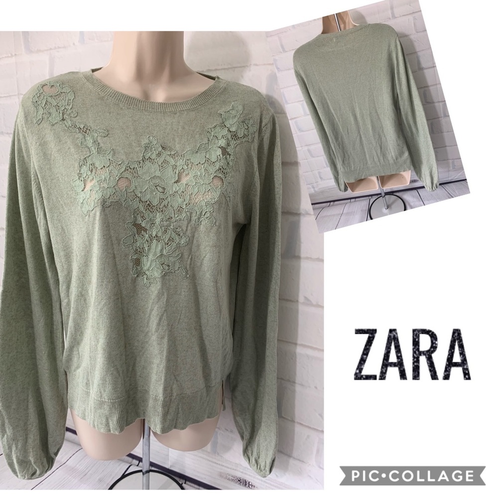 ZARA Knit Moss Green Lace Pullover Sweater L